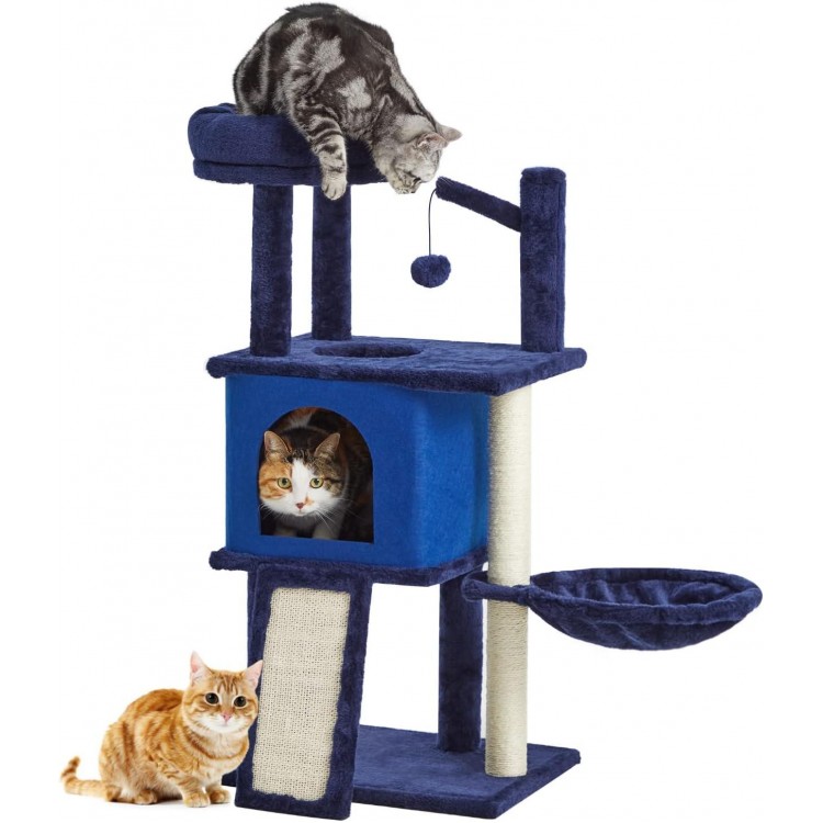 36.6 Medium Cat Tree House for Indoor Cats Soft Plush Multi-Level Cat Condo House with Hammock, Scratching Post, Navy