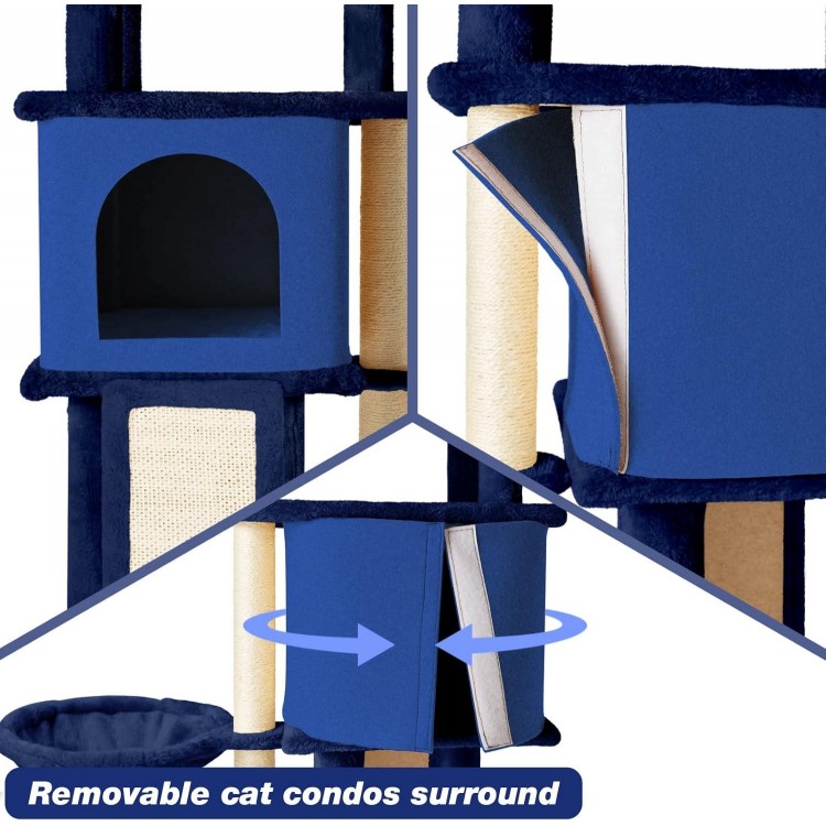 36.6 Medium Cat Tree House for Indoor Cats Soft Plush Multi-Level Cat Condo House with Hammock, Scratching Post, Navy