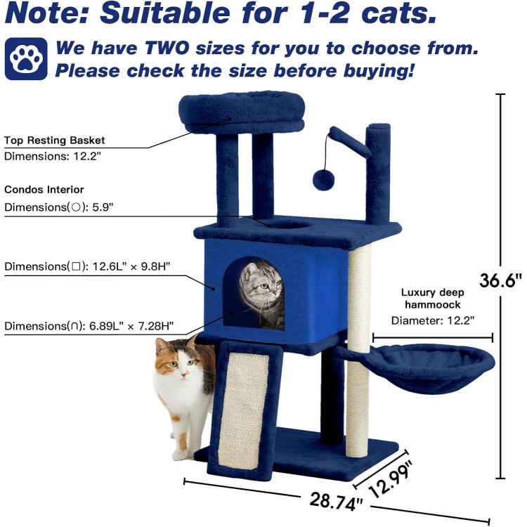 36.6 Medium Cat Tree House for Indoor Cats Soft Plush Multi-Level Cat Condo House with Hammock, Scratching Post, Navy