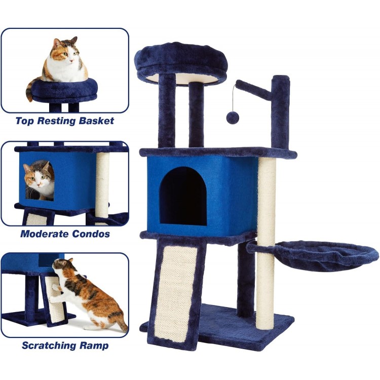 36.6 Medium Cat Tree House for Indoor Cats Soft Plush Multi-Level Cat Condo House with Hammock, Scratching Post, Navy