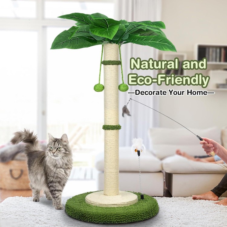 Cat Scratching Post, 37.4 Inch Tall Scratching Posts for Indoor Cats, Sisal Rope Scratching Post with Hanging Ball, Cat Scratcher Post for Large Cat & Kitten with Feather Toy