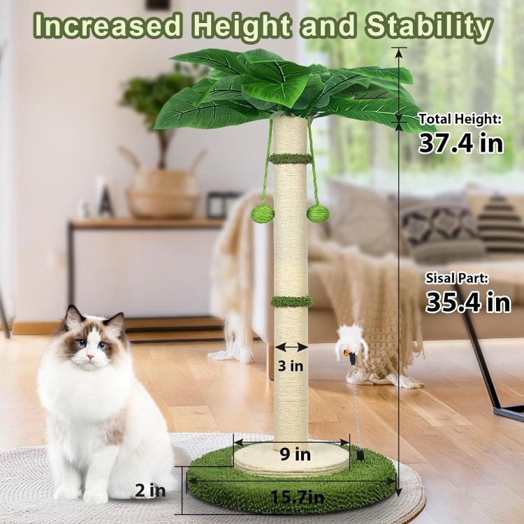 Cat Scratching Post, 37.4 Inch Tall Scratching Posts for Indoor Cats, Sisal Rope Scratching Post with Hanging Ball, Cat Scratcher Post for Large Cat & Kitten with Feather Toy