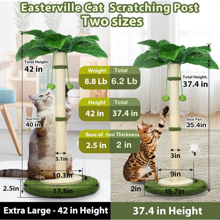 Cat Scratching Post, 37.4 Inch Tall Scratching Posts for Indoor Cats, Sisal Rope Scratching Post with Hanging Ball, Cat Scratcher Post for Large Cat & Kitten with Feather Toy