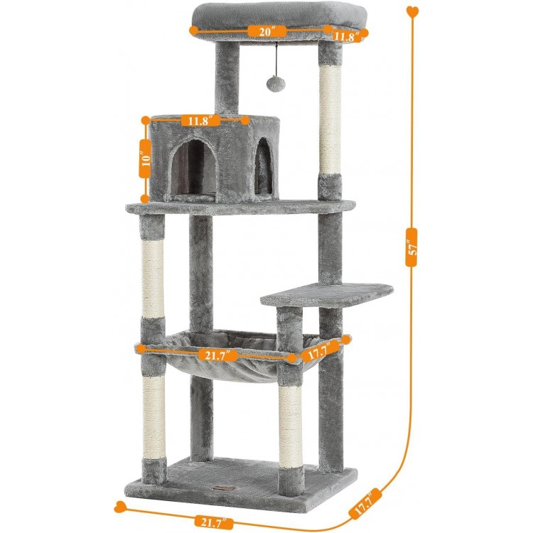 Kilodor 57Inch Multi-Level Cat Tree for Indoor Cats,Cat Tower with Sisal Scratching Post, Cat Condo, Plush Perch, Hammock Grey