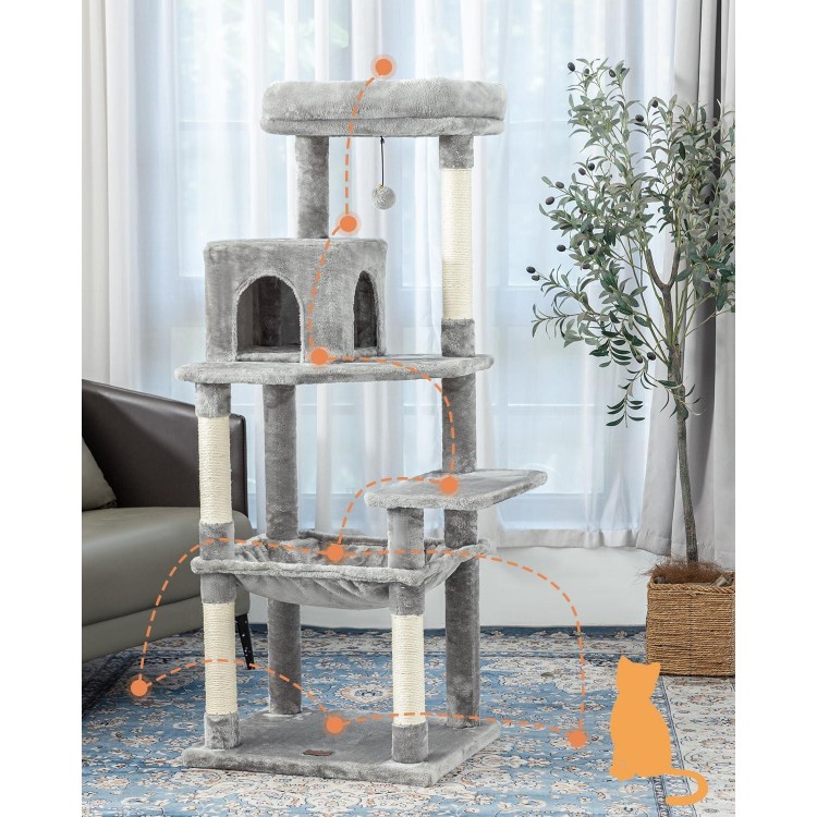 Kilodor 57Inch Multi-Level Cat Tree for Indoor Cats,Cat Tower with Sisal Scratching Post, Cat Condo, Plush Perch, Hammock Grey