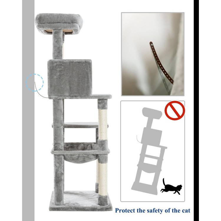 Kilodor 57Inch Multi-Level Cat Tree for Indoor Cats,Cat Tower with Sisal Scratching Post, Cat Condo, Plush Perch, Hammock Grey