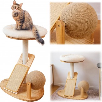 Pet Activity Structure Cat Climbing Frame with Litter cat Tree sisal cat Scratching Board All-in-one Solid Wood cat Toys (Milky White)