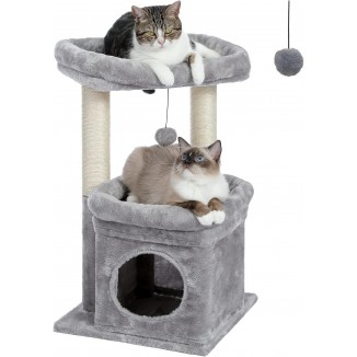 PEQULTI Cat Tree Tower for Indoor Cats with Private Cozy Cat Condo, Natural Sisal Scratching Posts and Plush Pom-pom for Small Cats