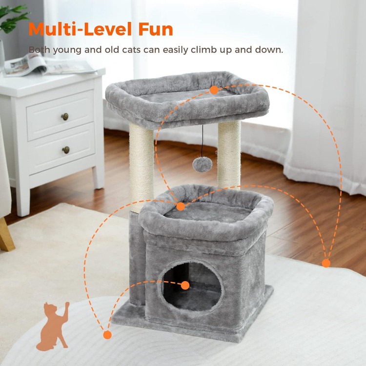 PEQULTI Cat Tree Tower for Indoor Cats with Private Cozy Cat Condo, Natural Sisal Scratching Posts and Plush Pom-pom for Small Cats