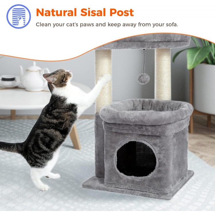 PEQULTI Cat Tree Tower for Indoor Cats with Private Cozy Cat Condo, Natural Sisal Scratching Posts and Plush Pom-pom for Small Cats