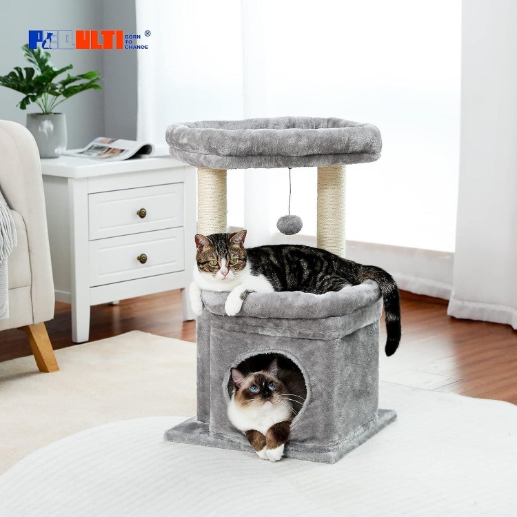 PEQULTI Cat Tree Tower for Indoor Cats with Private Cozy Cat Condo, Natural Sisal Scratching Posts and Plush Pom-pom for Small Cats