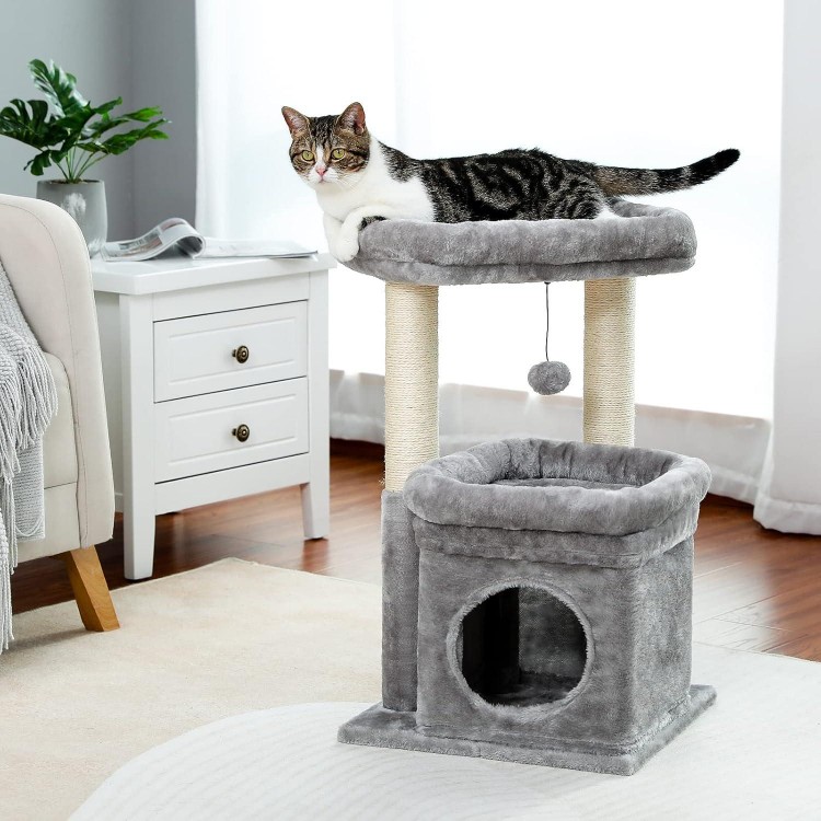 PEQULTI Cat Tree Tower for Indoor Cats with Private Cozy Cat Condo, Natural Sisal Scratching Posts and Plush Pom-pom for Small Cats