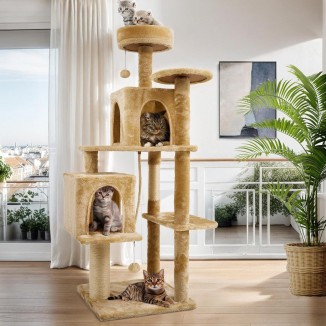 58 Inch Cat Tree Cat Tower for Indoor Cats Tall Cat Condos Scratching Post with Hanging Toy Cat Furniture for Kitten Pets Play, Yellow Beige