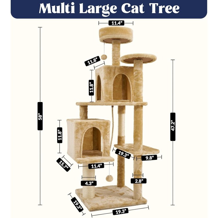 58 Inch Cat Tree Cat Tower for Indoor Cats Tall Cat Condos Scratching Post with Hanging Toy Cat Furniture for Kitten Pets Play, Yellow Beige