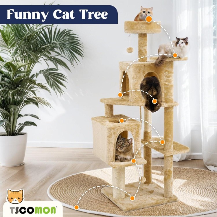 58 Inch Cat Tree Cat Tower for Indoor Cats Tall Cat Condos Scratching Post with Hanging Toy Cat Furniture for Kitten Pets Play, Yellow Beige