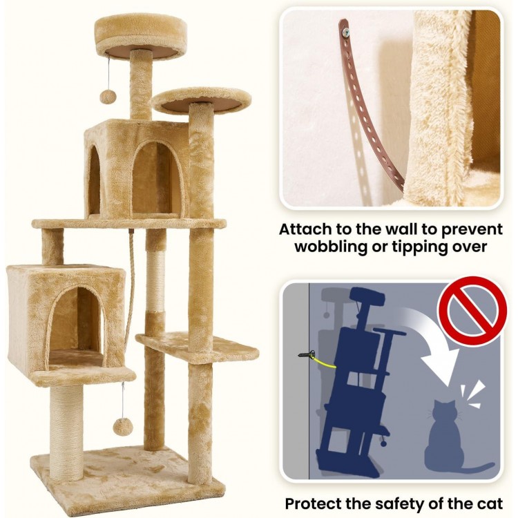 58 Inch Cat Tree Cat Tower for Indoor Cats Tall Cat Condos Scratching Post with Hanging Toy Cat Furniture for Kitten Pets Play, Yellow Beige