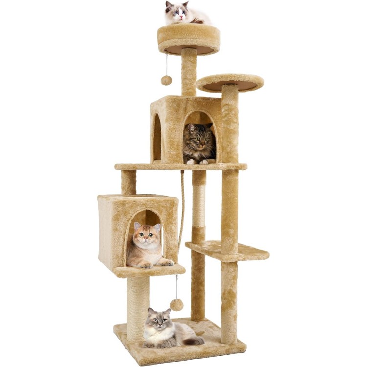 58 Inch Cat Tree Cat Tower for Indoor Cats Tall Cat Condos Scratching Post with Hanging Toy Cat Furniture for Kitten Pets Play, Yellow Beige