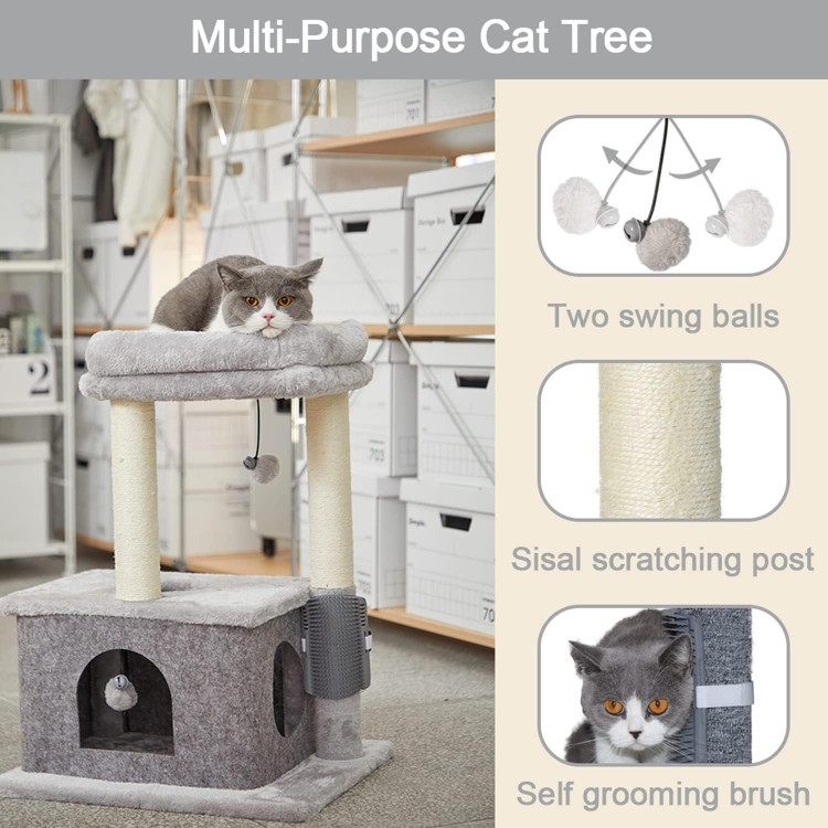 MECOOL Cat Tree,Scratching Posts with Condos Cats Tower Beds and Dangling Ball Toys,Massage Brush 5in1 Multi-Purpose for Indoor Kittens and Cats(Gray)