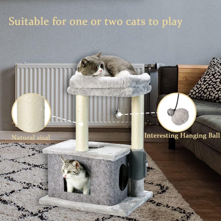 MECOOL Cat Tree,Scratching Posts with Condos Cats Tower Beds and Dangling Ball Toys,Massage Brush 5in1 Multi-Purpose for Indoor Kittens and Cats(Gray)