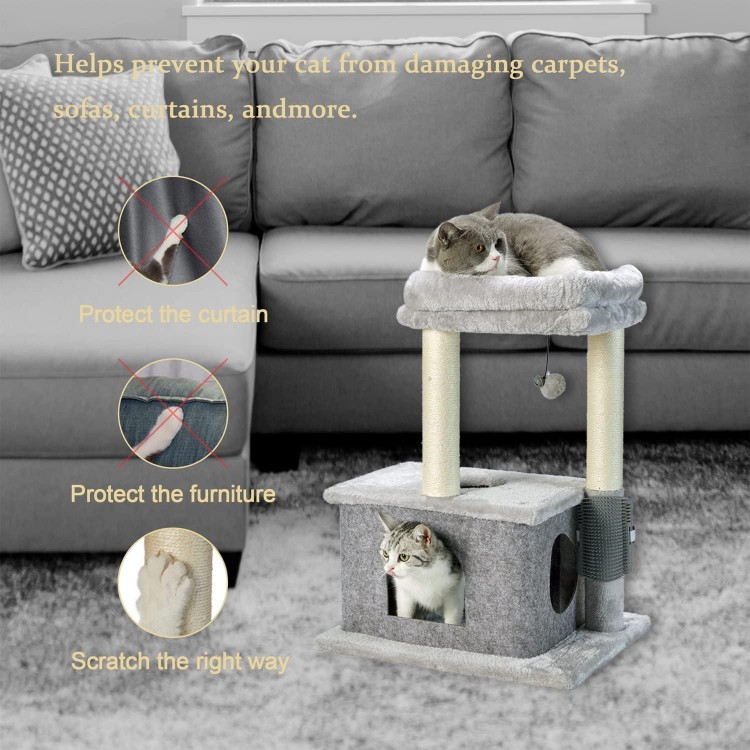 MECOOL Cat Tree,Scratching Posts with Condos Cats Tower Beds and Dangling Ball Toys,Massage Brush 5in1 Multi-Purpose for Indoor Kittens and Cats(Gray)