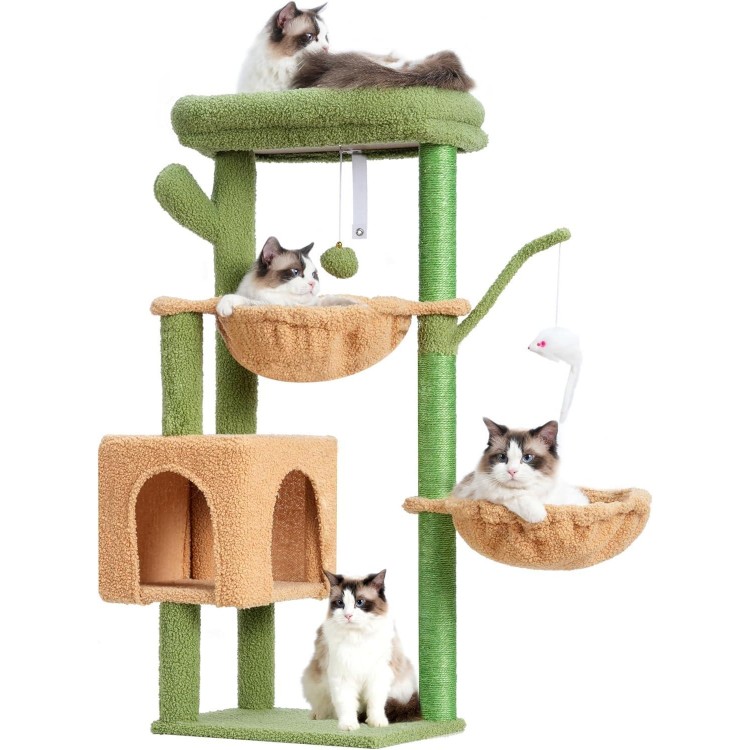 Heybly Cat Tree, 39.4 Inches Cactus Tower Condo with Scratching Post, Cat Tower for Indoor Cats, Fully Wrapped Sisal Pole, Soft Platform, 2 Baskets and Dangling Toy, Green and Yellow HCT006SGY