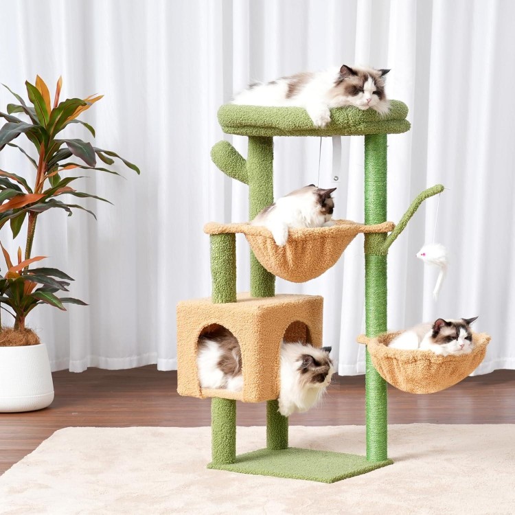 Heybly Cat Tree, 39.4 Inches Cactus Tower Condo with Scratching Post, Cat Tower for Indoor Cats, Fully Wrapped Sisal Pole, Soft Platform, 2 Baskets and Dangling Toy, Green and Yellow HCT006SGY