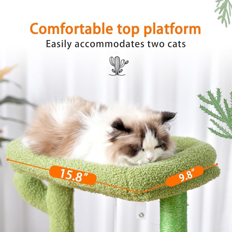 Heybly Cat Tree, 39.4 Inches Cactus Tower Condo with Scratching Post, Cat Tower for Indoor Cats, Fully Wrapped Sisal Pole, Soft Platform, 2 Baskets and Dangling Toy, Green and Yellow HCT006SGY