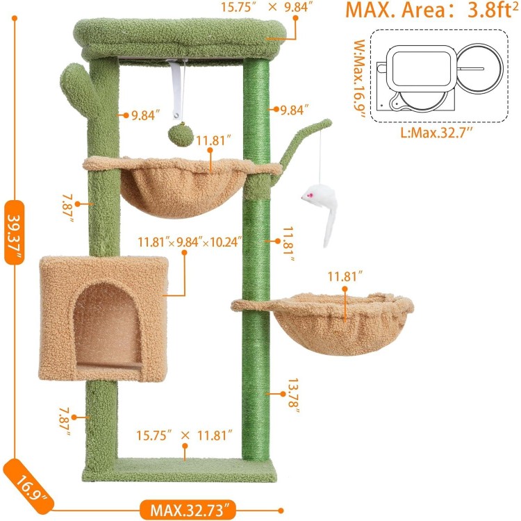 Heybly Cat Tree, 39.4 Inches Cactus Tower Condo with Scratching Post, Cat Tower for Indoor Cats, Fully Wrapped Sisal Pole, Soft Platform, 2 Baskets and Dangling Toy, Green and Yellow HCT006SGY