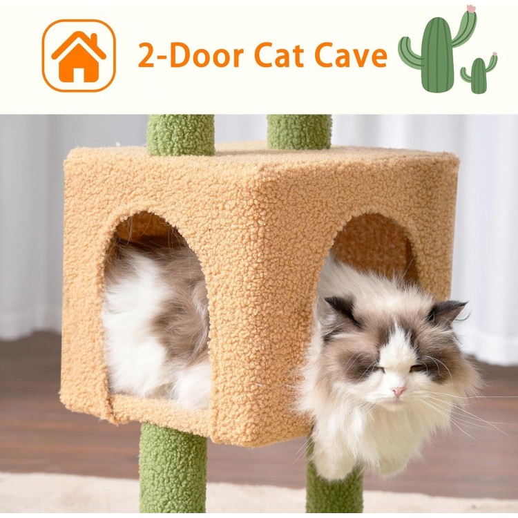 Heybly Cat Tree, 39.4 Inches Cactus Tower Condo with Scratching Post, Cat Tower for Indoor Cats, Fully Wrapped Sisal Pole, Soft Platform, 2 Baskets and Dangling Toy, Green and Yellow HCT006SGY