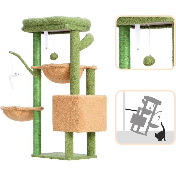 Heybly Cat Tree, 39.4 Inches Cactus Tower Condo with Scratching Post, Cat Tower for Indoor Cats, Fully Wrapped Sisal Pole, Soft Platform, 2 Baskets and Dangling Toy, Green and Yellow HCT006SGY