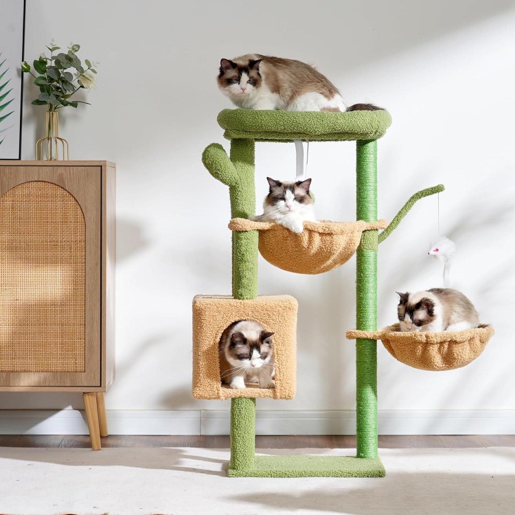 Heybly Cat Tree, 39.4 Inches Cactus Tower Condo with Scratching Post, Cat Tower for Indoor Cats, Fully Wrapped Sisal Pole, Soft Platform, 2 Baskets and Dangling Toy, Green and Yellow HCT006SGY