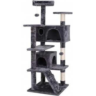 ZENY 54 Inch Cat Tree, Indoor Cat Tower Condo, Multi-Level Cat House with Sisal-Covered Scratching Post + 2 Play House, Pet Cat Furniture, Grey