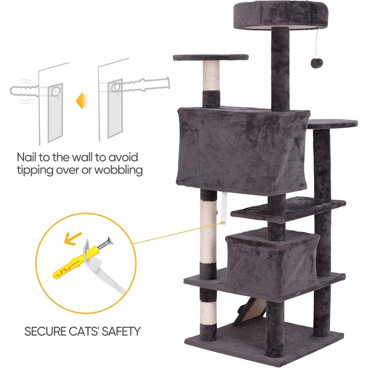 ZENY 54 Inch Cat Tree, Indoor Cat Tower Condo, Multi-Level Cat House with Sisal-Covered Scratching Post + 2 Play House, Pet Cat Furniture, Grey