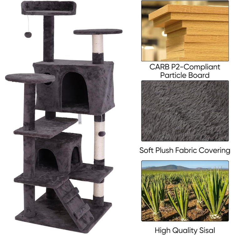 ZENY 54 Inch Cat Tree, Indoor Cat Tower Condo, Multi-Level Cat House with Sisal-Covered Scratching Post + 2 Play House, Pet Cat Furniture, Grey