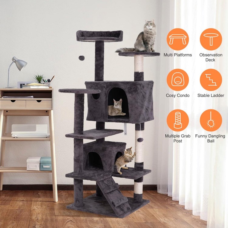 ZENY 54 Inch Cat Tree, Indoor Cat Tower Condo, Multi-Level Cat House with Sisal-Covered Scratching Post + 2 Play House, Pet Cat Furniture, Grey