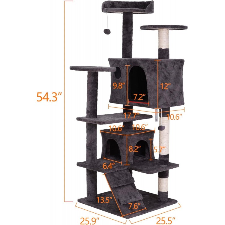 ZENY 54 Inch Cat Tree, Indoor Cat Tower Condo, Multi-Level Cat House with Sisal-Covered Scratching Post + 2 Play House, Pet Cat Furniture, Grey