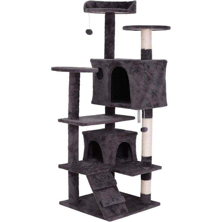 ZENY 54 Inch Cat Tree, Indoor Cat Tower Condo, Multi-Level Cat House with Sisal-Covered Scratching Post + 2 Play House, Pet Cat Furniture, Grey