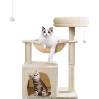 Small Cat Tree for Indoor Cats, 28in High Multi-Level Climbing Activity Plush Cat Tree Tower Condo with Hammocks, Sisal Scratching Post, Fun Toys, Perches for Small Cat Kitten Beige