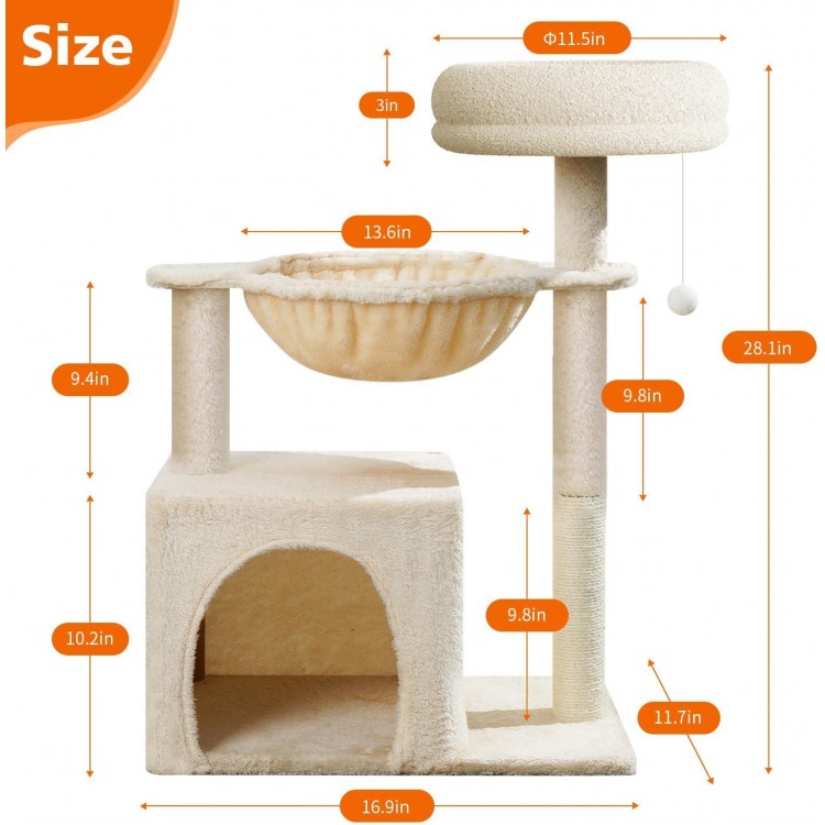 Small Cat Tree for Indoor Cats, 28in High Multi-Level Climbing Activity Plush Cat Tree Tower Condo with Hammocks, Sisal Scratching Post, Fun Toys, Perches for Small Cat Kitten Beige