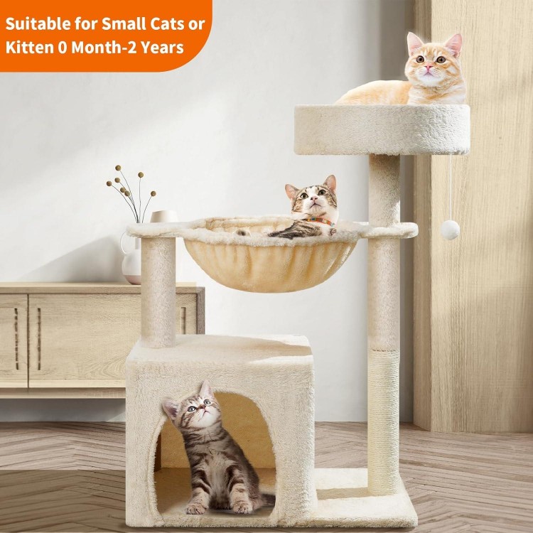 Small Cat Tree for Indoor Cats, 28in High Multi-Level Climbing Activity Plush Cat Tree Tower Condo with Hammocks, Sisal Scratching Post, Fun Toys, Perches for Small Cat Kitten Beige