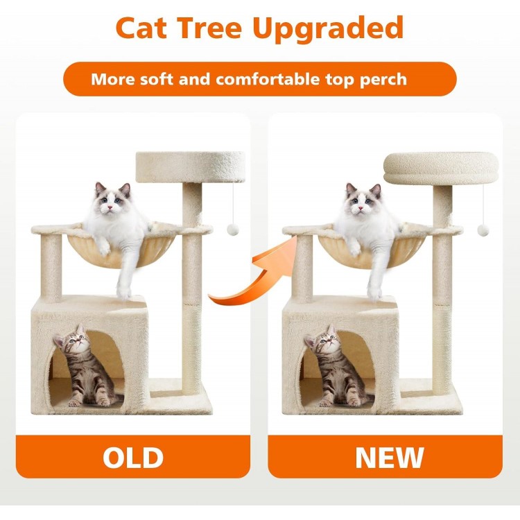 Small Cat Tree for Indoor Cats, 28in High Multi-Level Climbing Activity Plush Cat Tree Tower Condo with Hammocks, Sisal Scratching Post, Fun Toys, Perches for Small Cat Kitten Beige