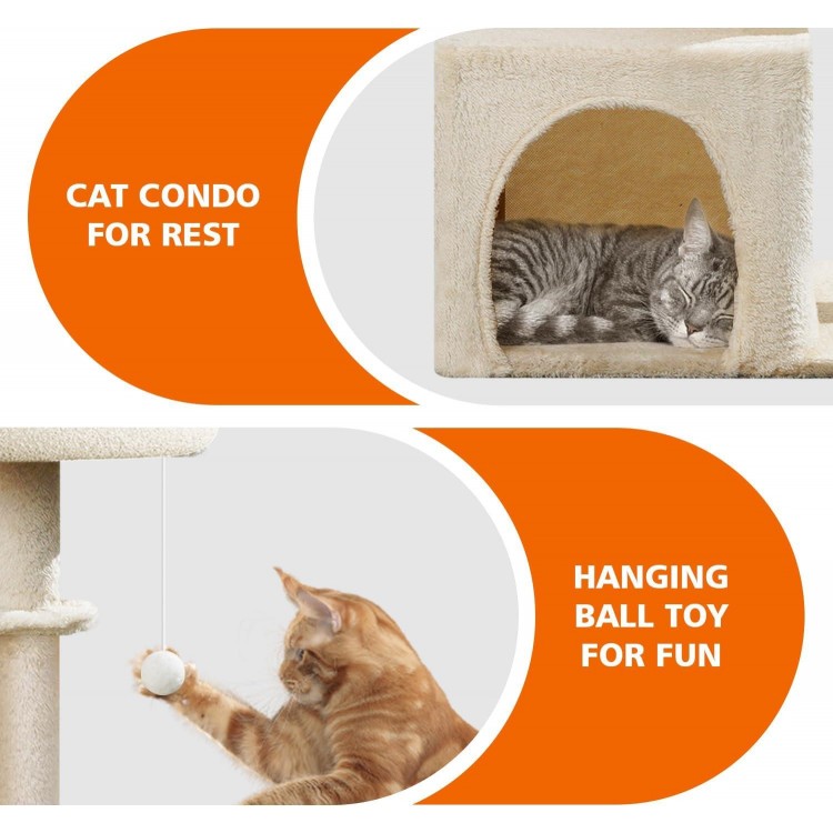 Small Cat Tree for Indoor Cats, 28in High Multi-Level Climbing Activity Plush Cat Tree Tower Condo with Hammocks, Sisal Scratching Post, Fun Toys, Perches for Small Cat Kitten Beige