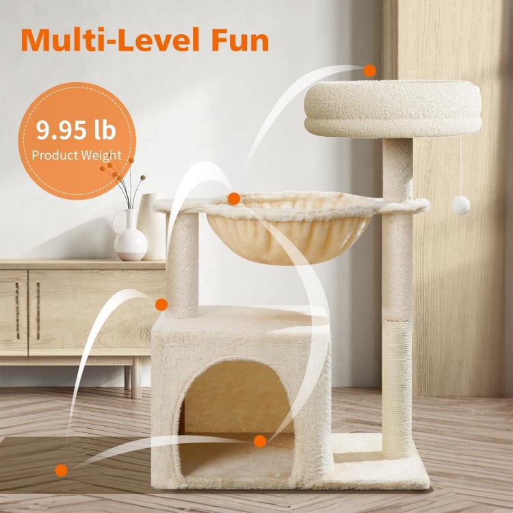 Small Cat Tree for Indoor Cats, 28in High Multi-Level Climbing Activity Plush Cat Tree Tower Condo with Hammocks, Sisal Scratching Post, Fun Toys, Perches for Small Cat Kitten Beige