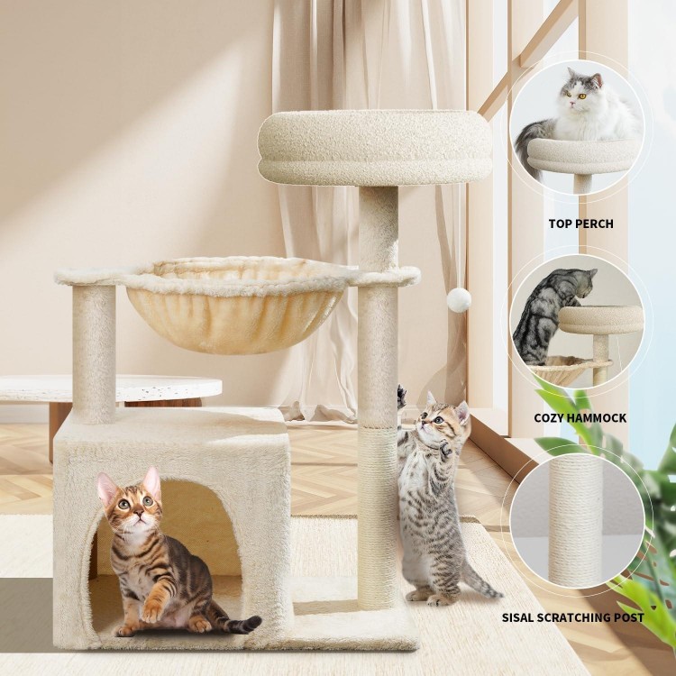 Small Cat Tree for Indoor Cats, 28in High Multi-Level Climbing Activity Plush Cat Tree Tower Condo with Hammocks, Sisal Scratching Post, Fun Toys, Perches for Small Cat Kitten Beige