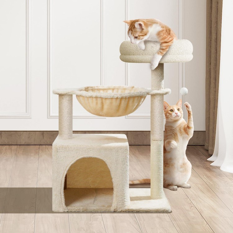 Small Cat Tree for Indoor Cats, 28in High Multi-Level Climbing Activity Plush Cat Tree Tower Condo with Hammocks, Sisal Scratching Post, Fun Toys, Perches for Small Cat Kitten Beige