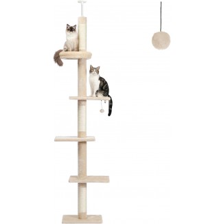 PETEPELA Floor to Ceiling Cat Tree, Cat Tower 5-Tier Height(95-107 Inches) Adjustable, Tall Cat Climbing Tree Featuring with Scratching Post, Cozy Bed,Interactive Ball Toy for Indoor Cats/Kitten Beige