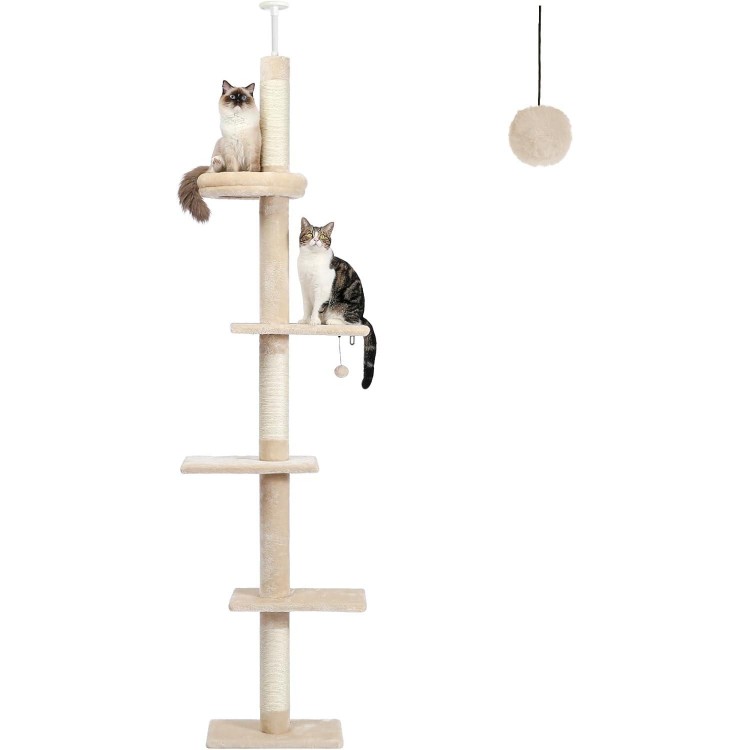 PETEPELA Floor to Ceiling Cat Tree, Cat Tower 5-Tier Height(95-107 Inches) Adjustable, Tall Cat Climbing Tree Featuring with Scratching Post, Cozy Bed,Interactive Ball Toy for Indoor Cats/Kitten Beige