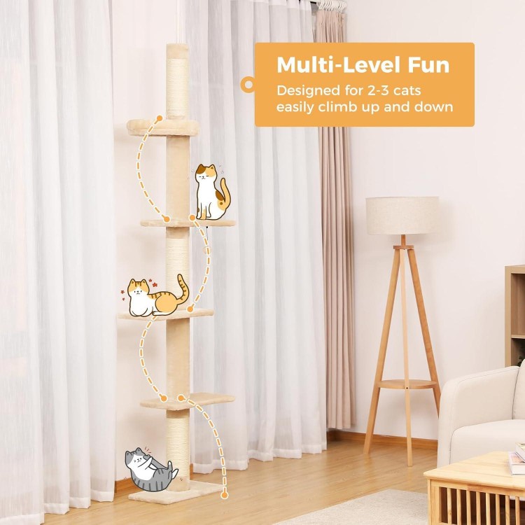 PETEPELA Floor to Ceiling Cat Tree, Cat Tower 5-Tier Height(95-107 Inches) Adjustable, Tall Cat Climbing Tree Featuring with Scratching Post, Cozy Bed,Interactive Ball Toy for Indoor Cats/Kitten Beige