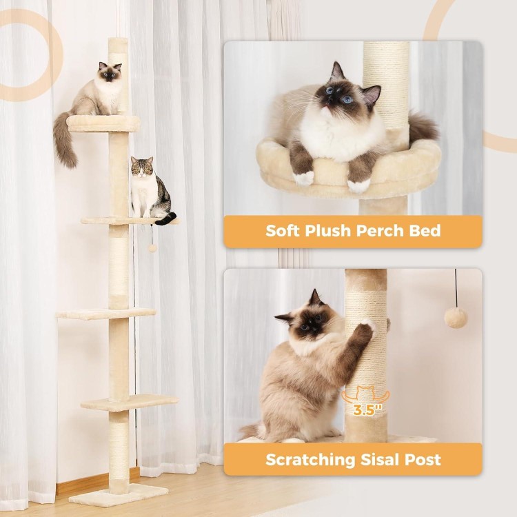 PETEPELA Floor to Ceiling Cat Tree, Cat Tower 5-Tier Height(95-107 Inches) Adjustable, Tall Cat Climbing Tree Featuring with Scratching Post, Cozy Bed,Interactive Ball Toy for Indoor Cats/Kitten Beige