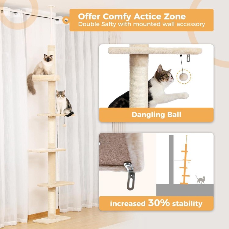 PETEPELA Floor to Ceiling Cat Tree, Cat Tower 5-Tier Height(95-107 Inches) Adjustable, Tall Cat Climbing Tree Featuring with Scratching Post, Cozy Bed,Interactive Ball Toy for Indoor Cats/Kitten Beige